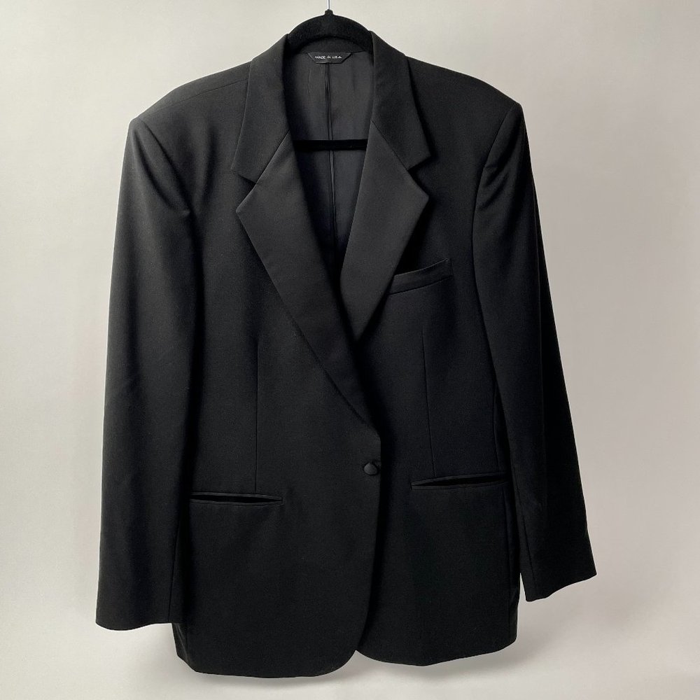 Vintage Lanvin Paris Single Breasted Black Wool Tuxedo Jacket Blazer, Size 44R